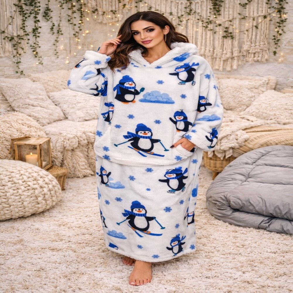 Penguin Hoodie Blanket Sweatshirt Sherpa Cozy Oversized Wearable Throw Pajamas